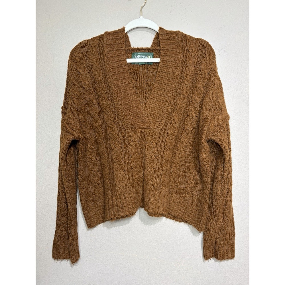American Eagle Brown Cable Knit Hooded V Neck Oversized Sweater XS Cozy Boxy